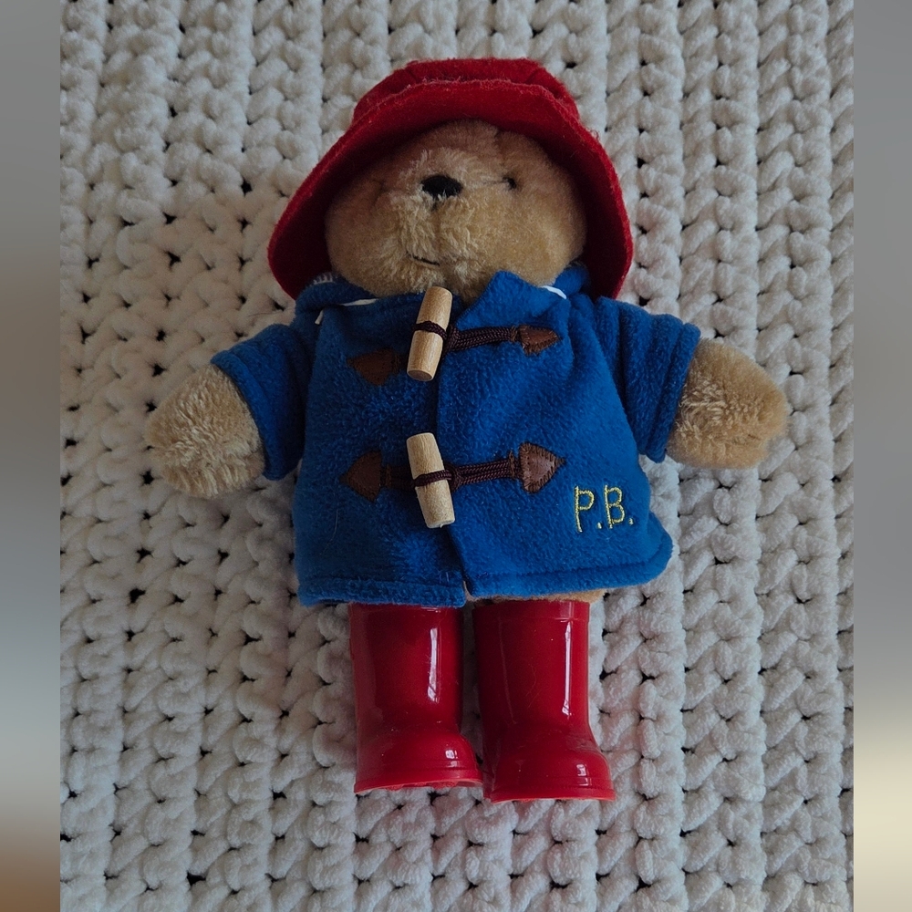 Vintage Paddington Teddy Bear Plush Toy with Blue Coat and Red Boots